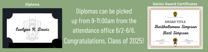 Diplomas can be picked up from the attendance office between 9 & 11 a.m. June 2 -June 6.